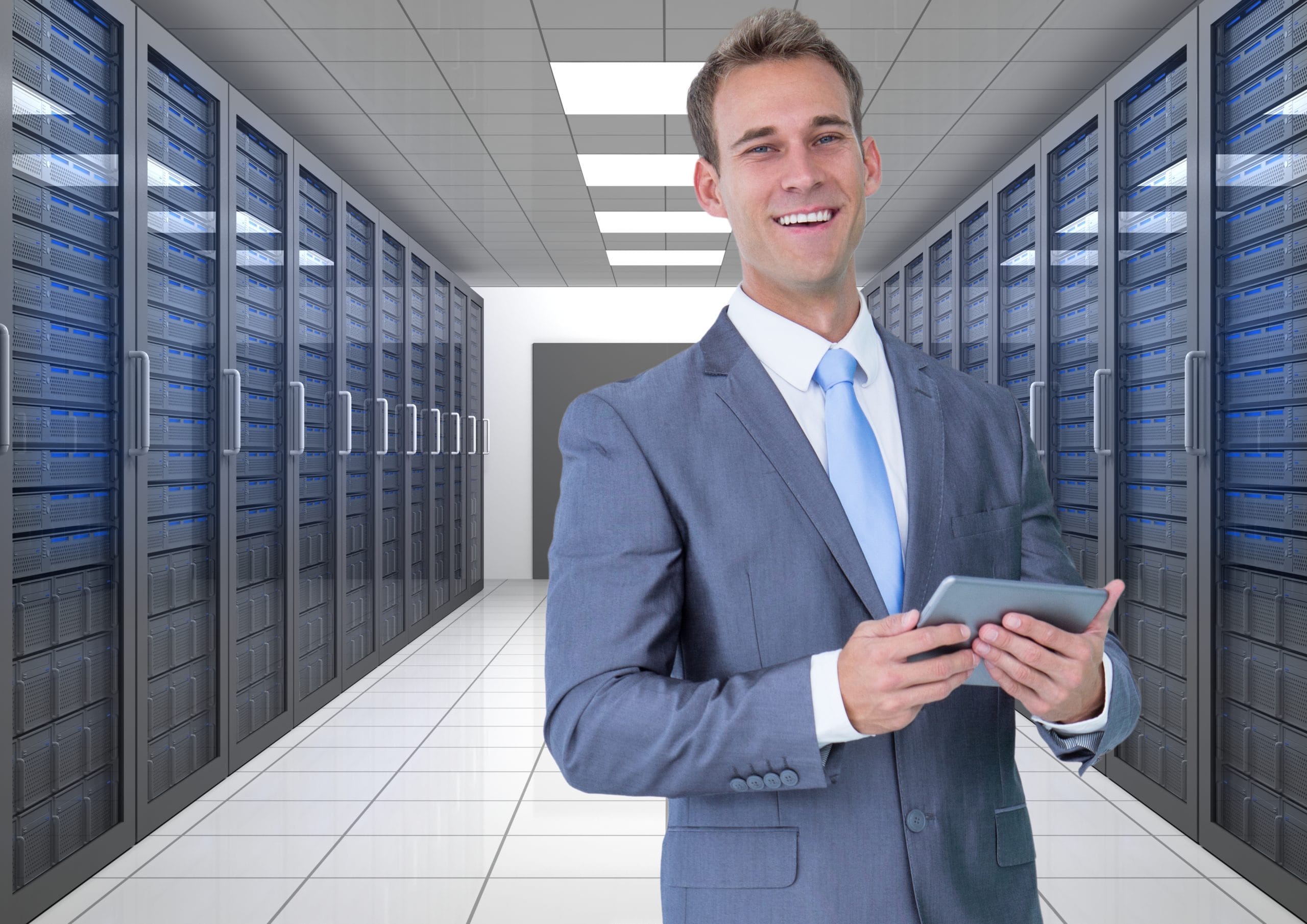 Businessman in data storage center